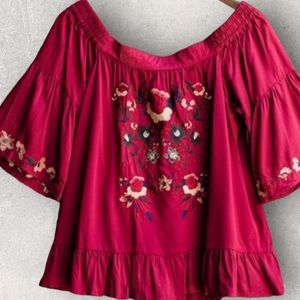 Umber Bohemian western embroidery floral Fuchsia pink off shoulder top size S